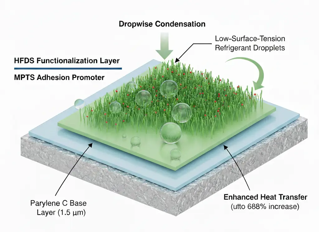파릴렌(Parylene C) 베이스 레이어 위에 MPTS와 HFDS가 순차적으로 결합되어 저표면 장력 냉매 방울을 형성하는 옴니포빅 코팅 구조 모식도
