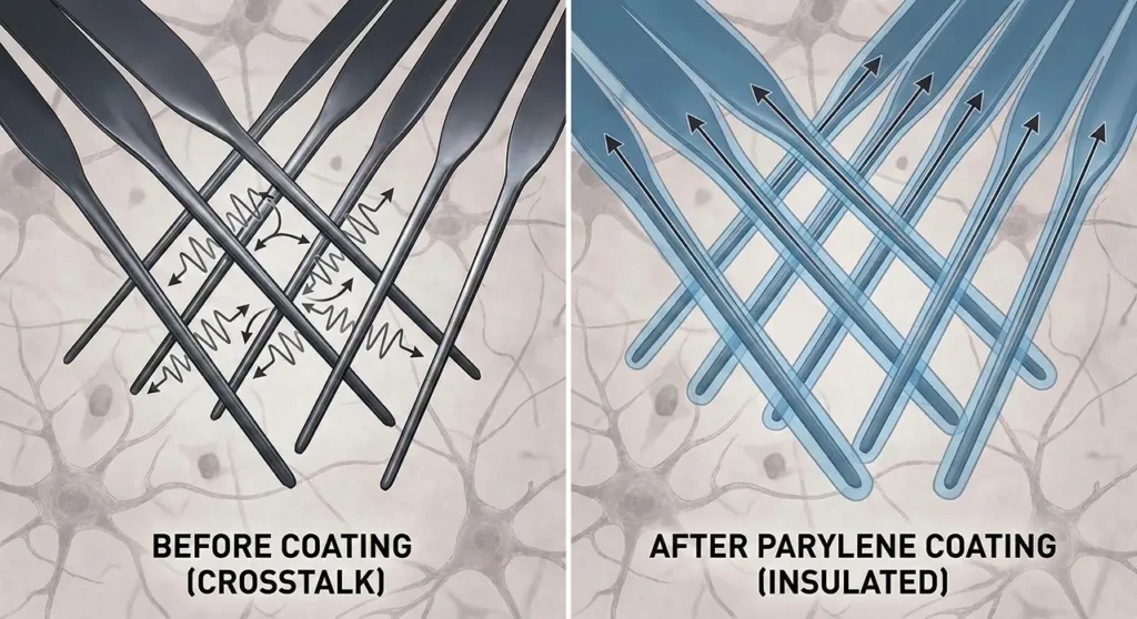 뇌 조직 내에 삽입된 고밀도 미세 전극 어레이(MEA) 시각화 이미지. 전극 표면과 사이사이를 투명한 파릴렌 C(Parylene-C) 나노 층이 균일하게 감싸고 있어, 전극 간의 전기적 간섭(Crosstalk)을 방지하고 순수한 뉴런 신호를 수집하는 기술 도식 배경.