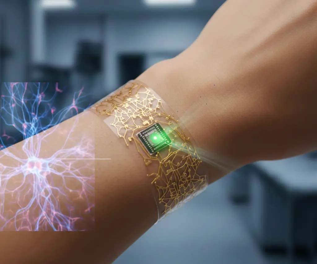 수증기 플라즈마와 물 분자를 이용해 파릴렌 기판과 금 전극을 접착제 없이 저온에서 직접 결합하는 하이브리드 본딩 공정의 모식도 및 단면 현미경 사진