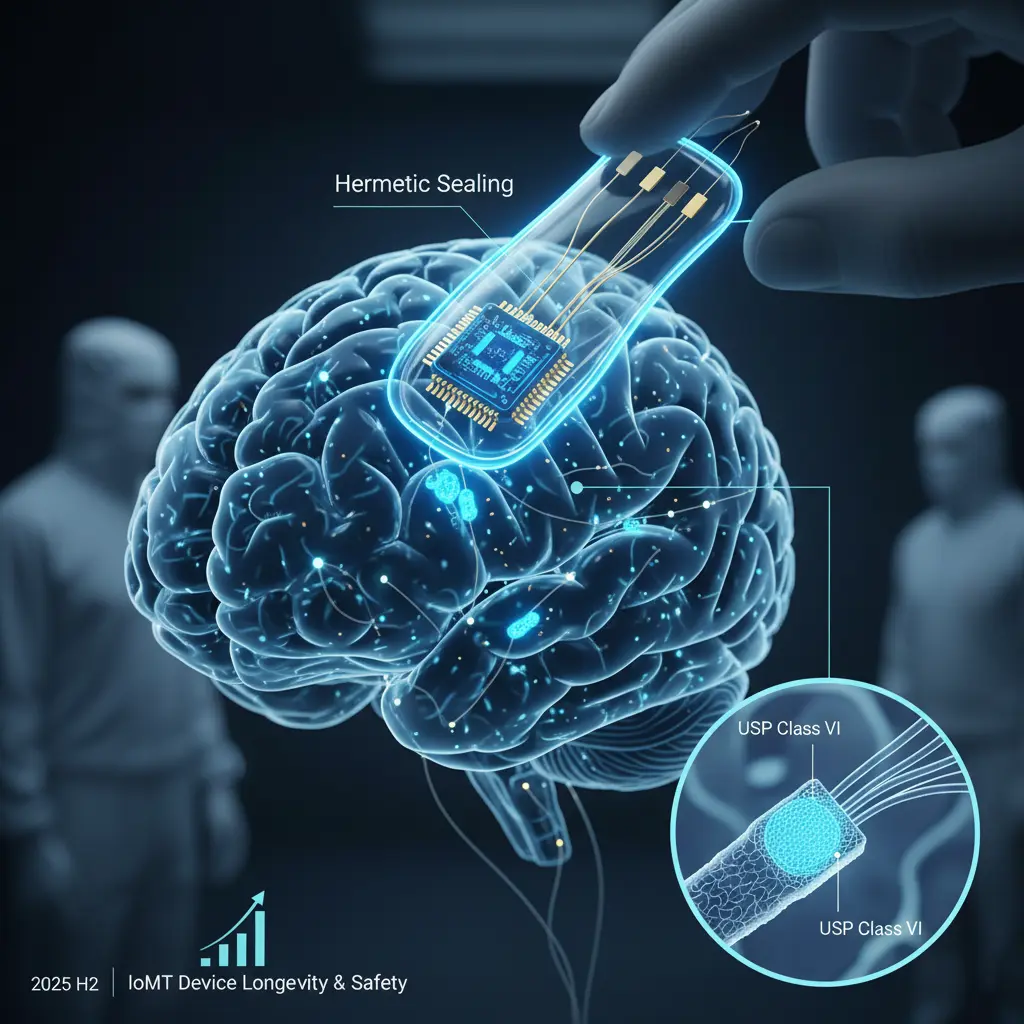인체 내부에 삽입된 스마트 심장 페이싱 기기 또는 신경 자극기의 전자 회로를 투명하고 얇은 파릴렌 나노 코팅이 감싸고 있는 기술 시각화 이미지와 생체 적합성 및 기밀 유지(Hermetic Sealing) 기능을 강조한 도식.