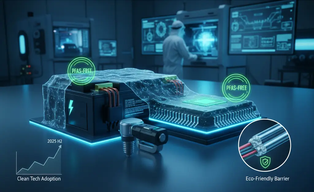 PFAS-Free 라벨이 부착된 친환경 전기차 부품과 반도체 웨이퍼 위에 투명하게 코팅된 파릴렌 박막 시각화 자료 및 유해 가스 배출 없는 친환경 CVD 증착 공정 도식