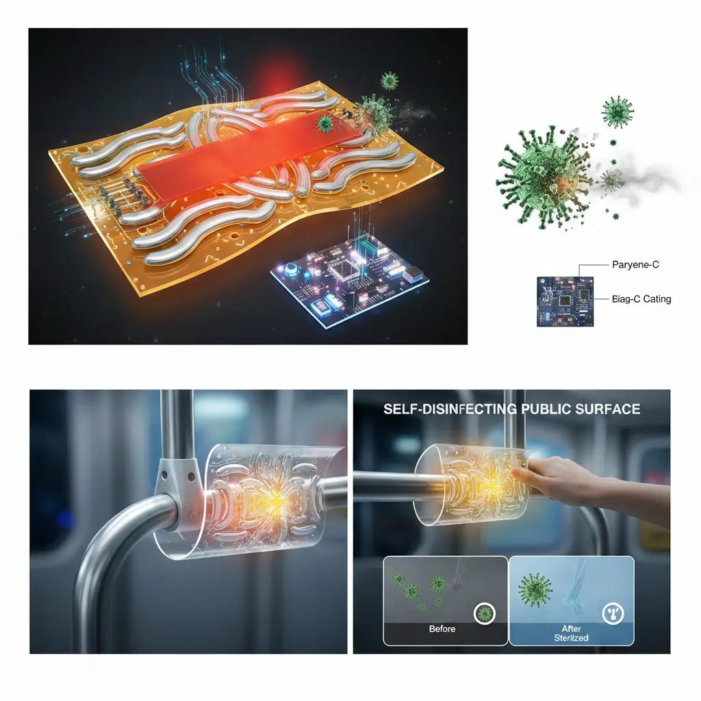 유연한 폴리이미드 기판 위에 증착된 은 박막 전극과 파릴렌 코팅층을 통해 바이러스 시료에 정밀한 열 펄스를 전달하는 기술적 개념 시각화 이미지.