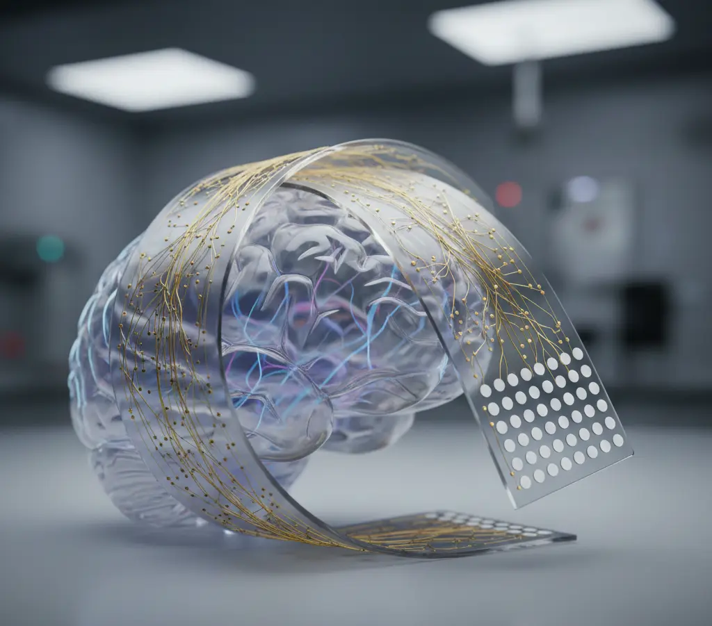 파릴렌 C로 캡슐화된 64채널 초고밀도 유연 뇌 임플란트의 미세 배선 및 전극 구조를 보여주는 전자현미경 사진