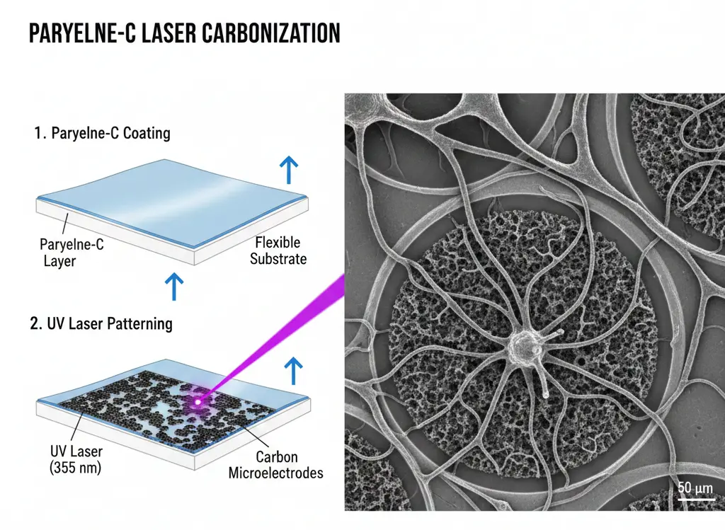 파릴렌 C 코팅층 위에 UV 레이저를 조사하여 미세한 탄소 전극 구조를 형성하는 공정 모식도 및 뉴런 세포가 증착된 탄소 전극 표면에 밀착되어 성장한 주사전자현미경(SEM) 이미지