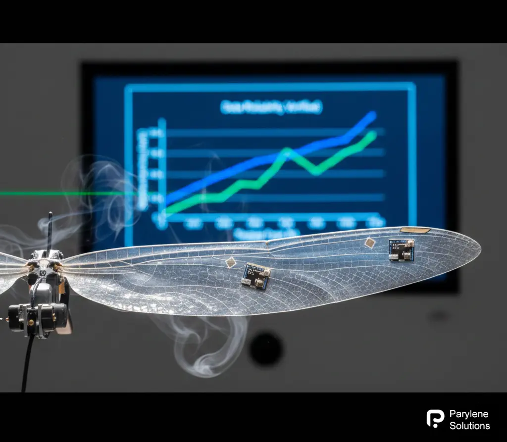 초소형 비행체의 펄럭이는 날개 표면에 장착된 파릴렌 코팅 CMOS MEMS 유량 센서와 풍동 실험 데이터 그래프