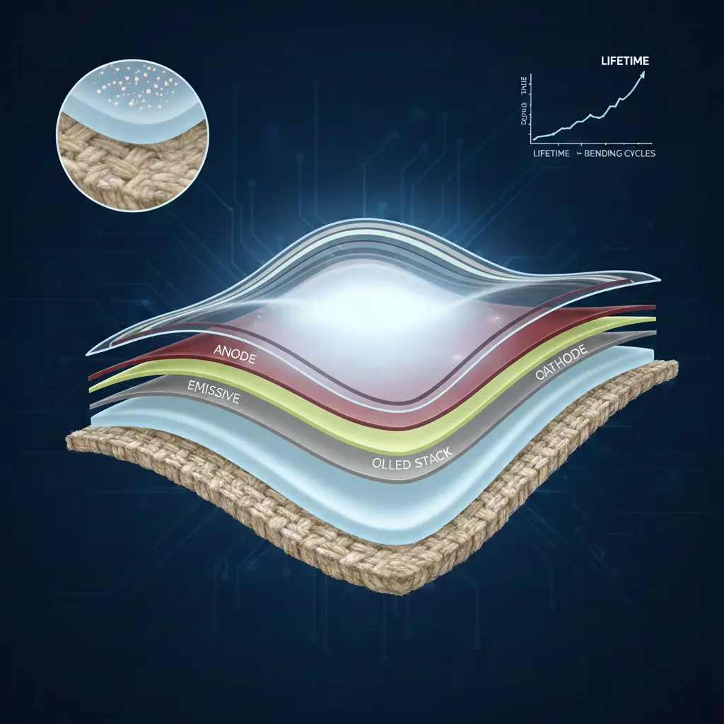 거친 섬유 표면 위에 열처리된 파릴렌 C 평탄화 층을 형성하고 그 위에 OLED 소자를 적층하여, 굽힘과 구겨짐 변형 시에도 안정적으로 빛을 발산하는 웨어러블 디스플레이의 구조적 원리도.