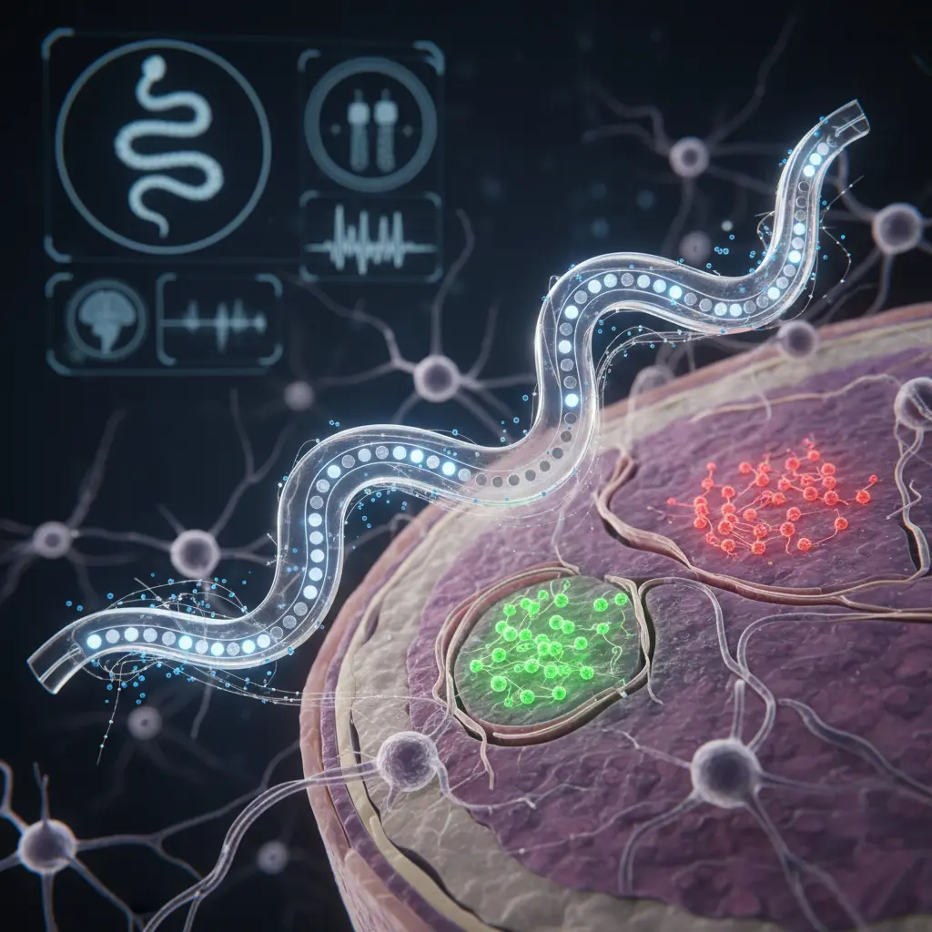 간질 연구를 위한 만성 이식형 유연 서펜타인 파릴렌 전극의 주요 특징과 연구 결과를 보여주는 복합 이미지. 