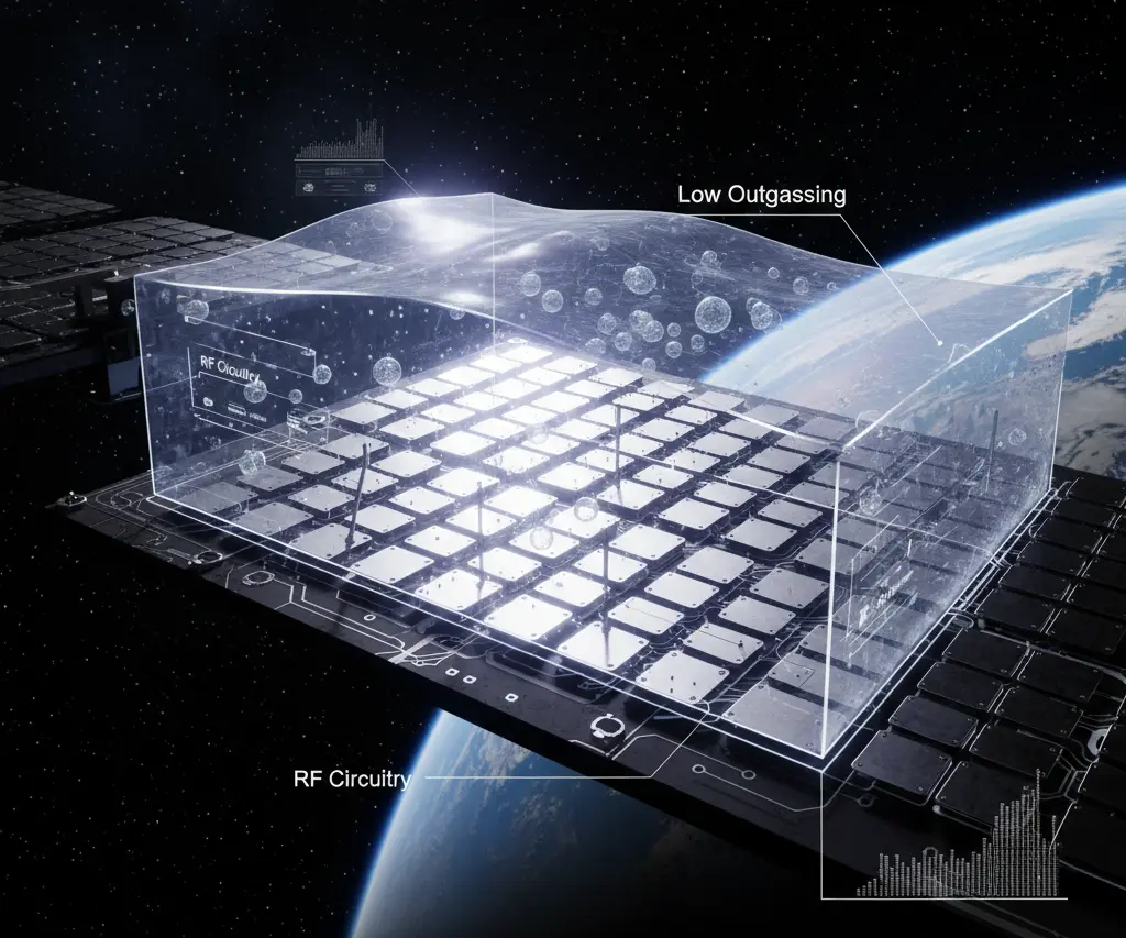 검은 우주 공간을 배경으로 한 인공위성의 평면형 능동 위상배열 안테나(AESA)의 확대 모습. 미세한 안테나 소자 표면 위에 파릴렌 N 나노 코팅층이 투명하고 균일하게 입혀져 있으며, 진공 환경에서의 가스 배출(Outgassing)을 차단하는 보호막 구조가 시각적으로 강조됨.