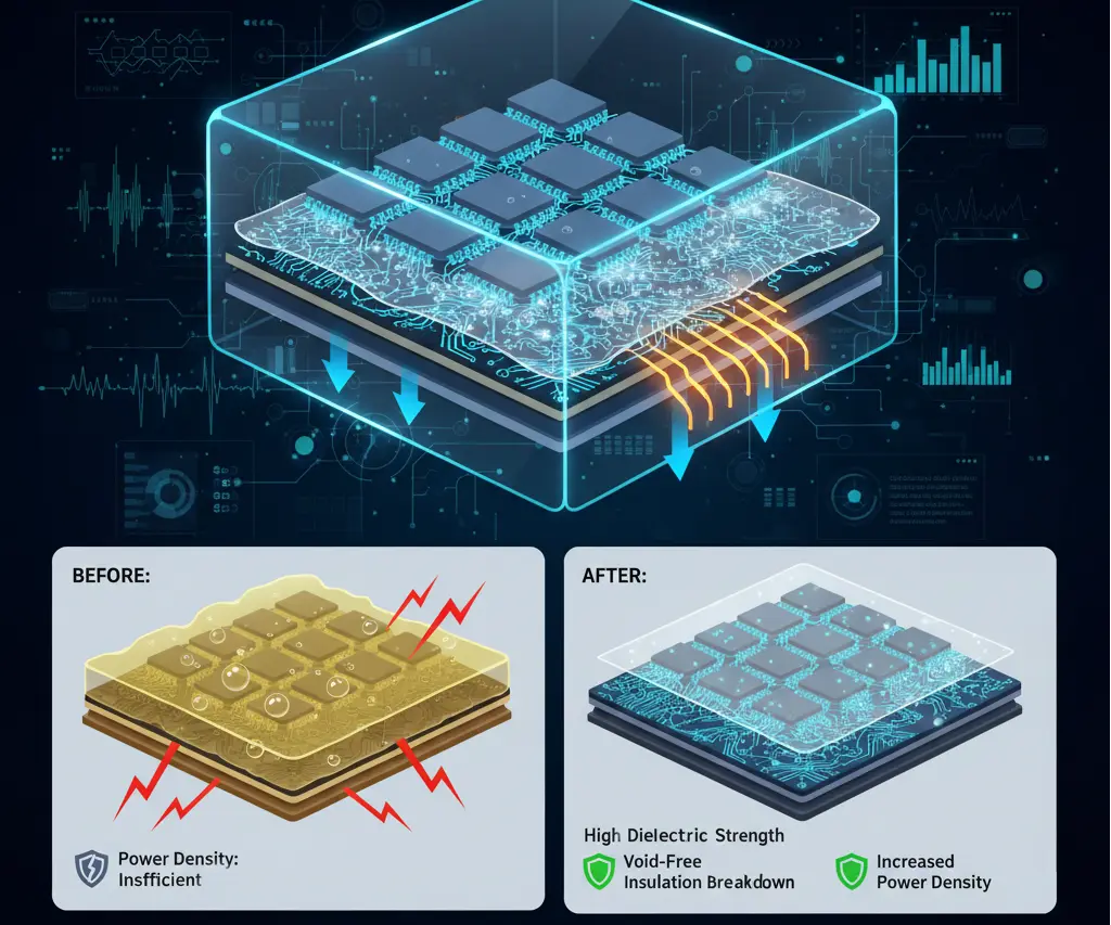 차세대 SiC 전력 모듈의 단면 모식도. 복잡하게 배열된 반도체 칩 사이의 미세한 틈새에 투명하고 균일한 파릴렌 N 나노 필름이 증착되어 공기 방울(Void) 없이 완벽한 절연 층을 형성하고 있는 기술적 시각 자료.
