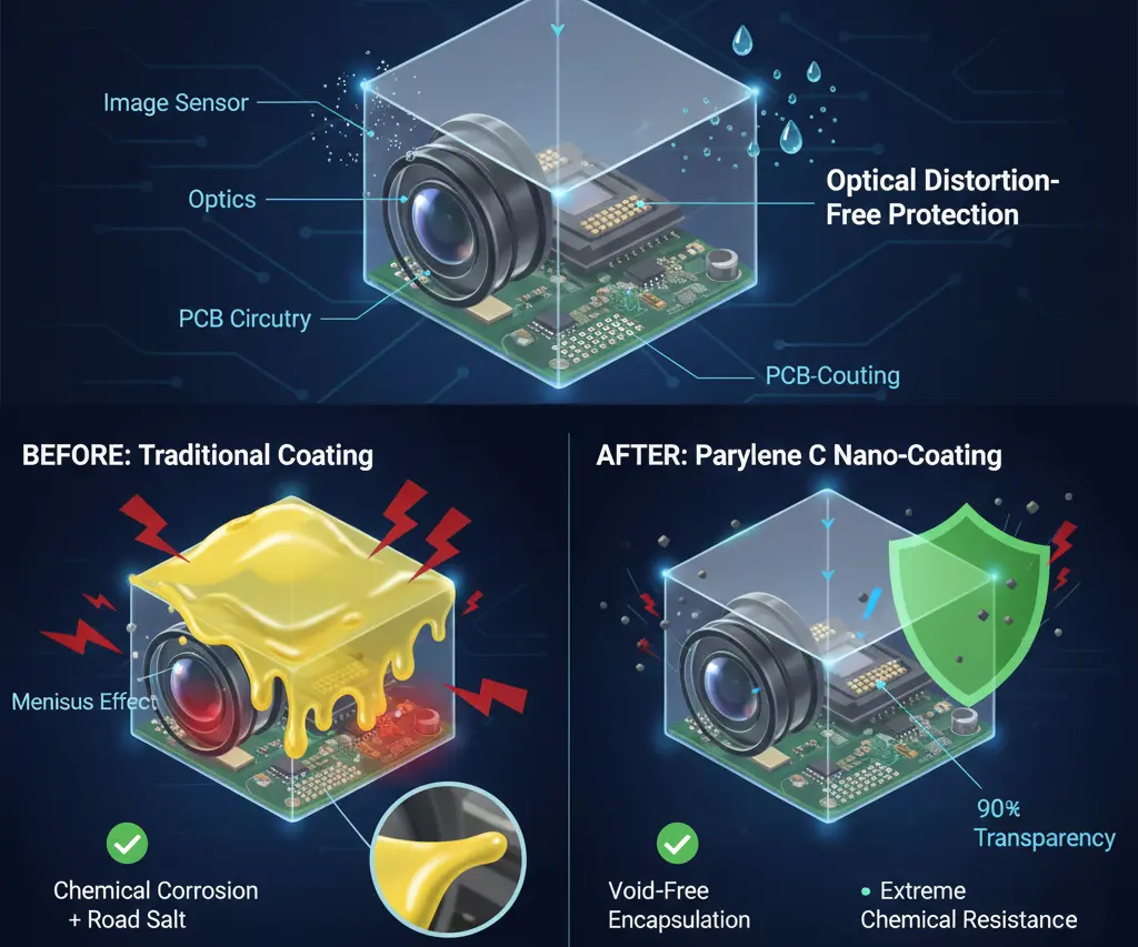 자율주행 자동차 전면 카메라 모듈의 확대 단면도. 투명한 파릴렌 C 보호막이 렌즈 곡면과 이미지 센서 회로 위에 균일하게 증착되어 외부 염화칼슘과 습기를 차단하는 동시에 빛의 투과를 방해하지 않는 정밀 공정 시각화.