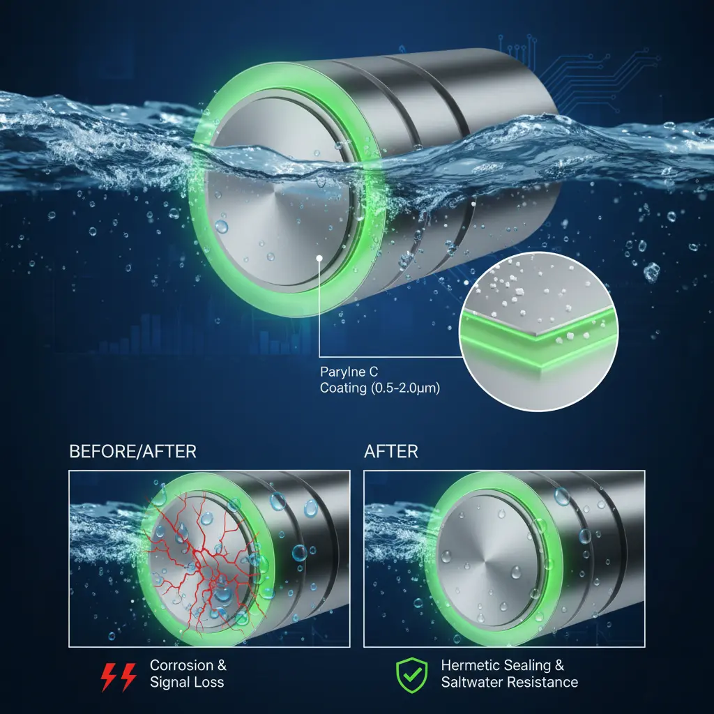 해양 장비용 압력 트랜스미터의 금속 박막 멤브레인 확대 구조도. 표면에 형성된 투명한 파릴렌 C 나노 코팅층이 염분 섞인 해수의 침투를 완벽히 차단하며 멤브레인의 미세한 움직임을 방해하지 않고 보호하는 기술 시각화.