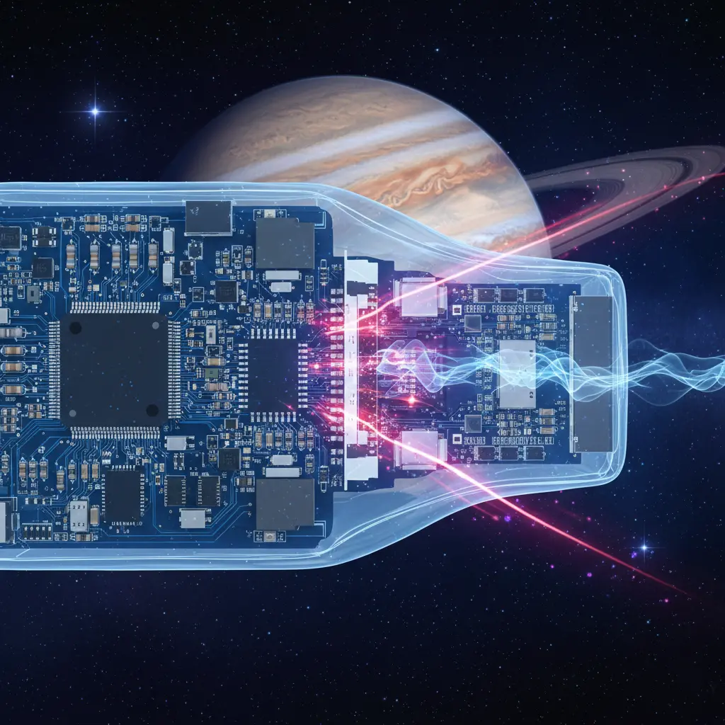 심우주 탐사용 이미지 센서 모듈의 단면 시각화. 나노 두께의 투명한 파릴렌 코팅층이 센서와 회로 소자들을 완벽하게 감싸고 있으며, 우주 진공 상태의 방사선 입자들로부터 내부 시스템을 보호하고 가스 배출(Outgassing)을 차단하는 고도의 공학적 설계 모사도.