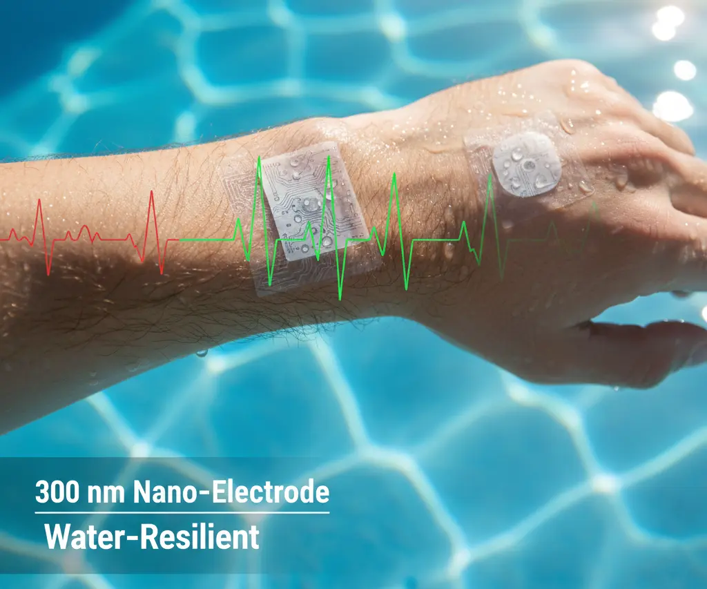 물속에서 손목에 부착된 초박막 나노 전극이 안정적인 심전도(ECG) 신호를 실시간으로 측정하는 모습. 파릴렌 코팅 덕분에 물에 강하고 피부에 밀착되어 움직임에도 정확한 데이터를 제공합니다.